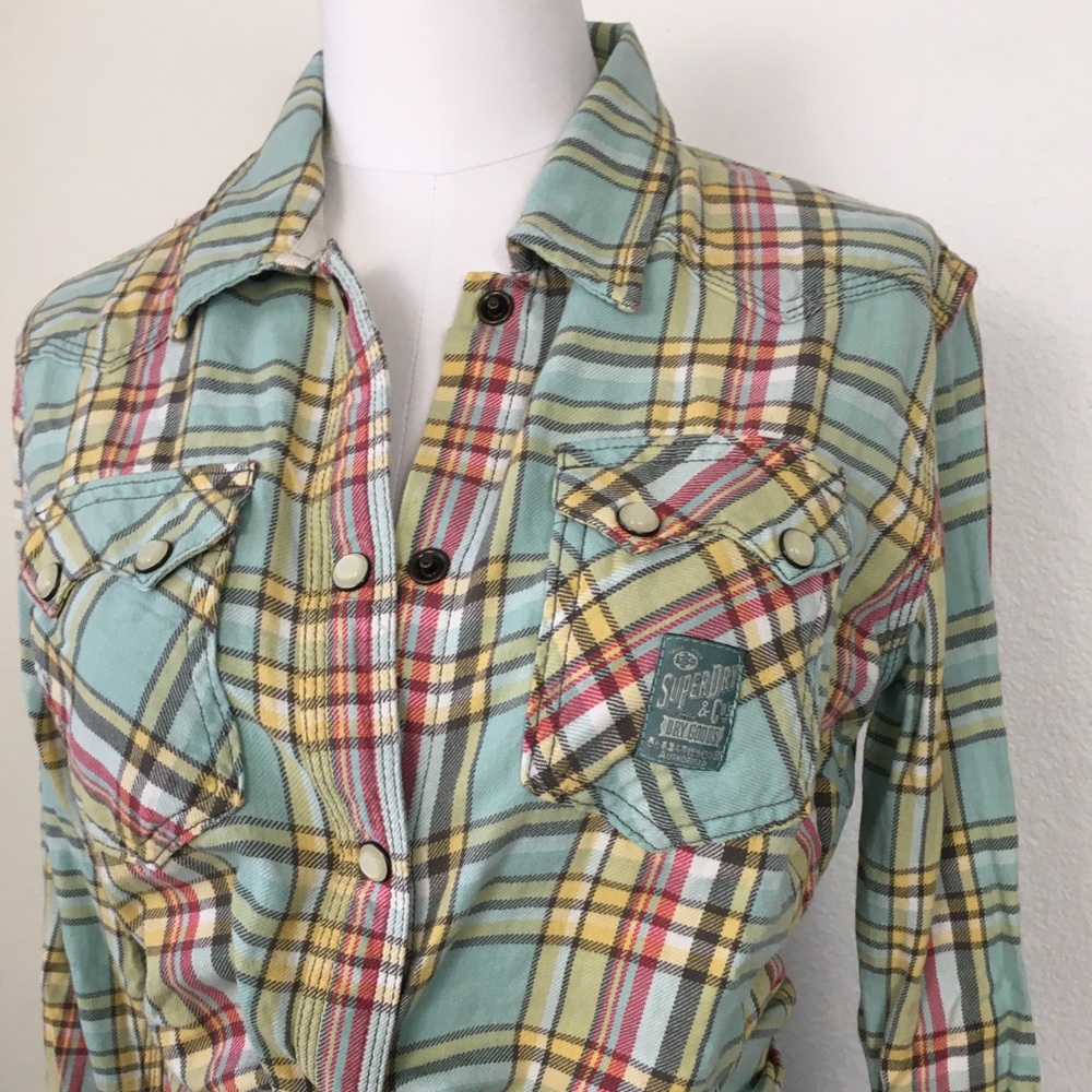 Superdry baby blue plaid button down shirt